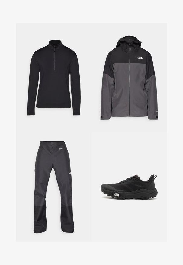 Szürke vízálló dzseki fekete felső résszel, cipzáros elülső rész, állítható kapucni és rugalmas mandzsetta. A mellkason és az ujjon logóval ellátva.; Fekete, hosszúujjú pulóver, cipzáros gallérral, puha anyagból készült, lapos varrásokkal és laza szabással a kényelem érdekében.; Fekete vízálló nadrág sima textúrával, elöl GORE-TEX logóval, és megerősített alsó lábrészekkel a tartósság érdekében.; Fekete terepfutó cipő, textúrált felső résszel, gumitalppal és megerősített lábujjrészével. Párnázott bokarésszel és húzófüllel rendelkezik a könnyű felhúzáshoz.