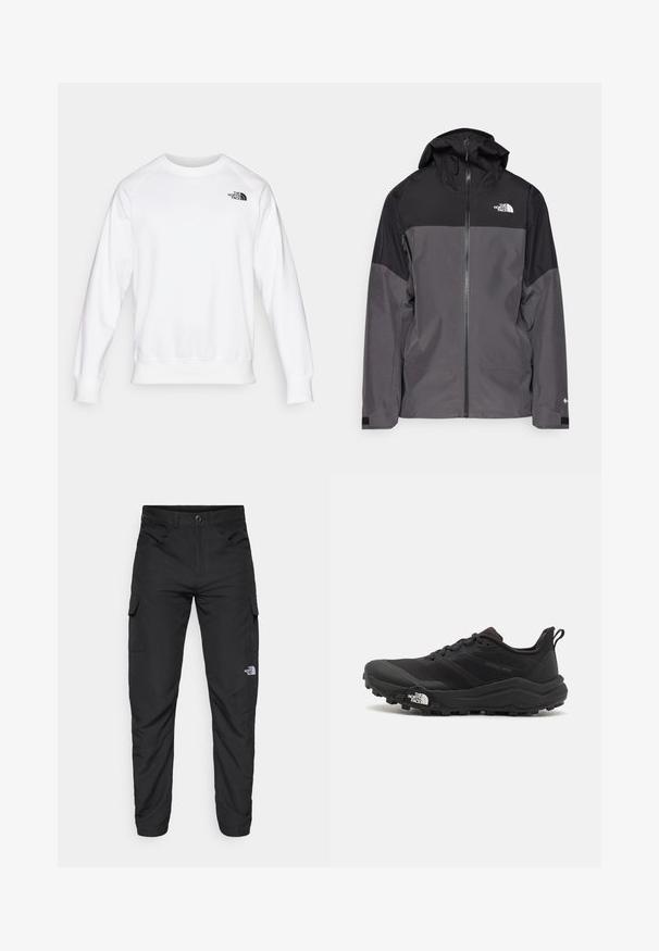 Giacca impermeabile grigia con sezione superiore nera, zip frontale, cappuccio regolabile e polsini elasticizzati. Presenta il logo sul petto e sulla manica.; Felpa bianca con collo a giro, maniche lunghe raglan, polsini e orlo a costine, con un piccolo logo nero sulla parte superiore sinistra del petto.; The North Face HORIZON PANT - Pantaloni outdoor - black; Scarpa da trail running nera con tomaia texture, suola in gomma e punta rinforzata. Presenta un collare imbottito e un tassello per un indossamento facile.