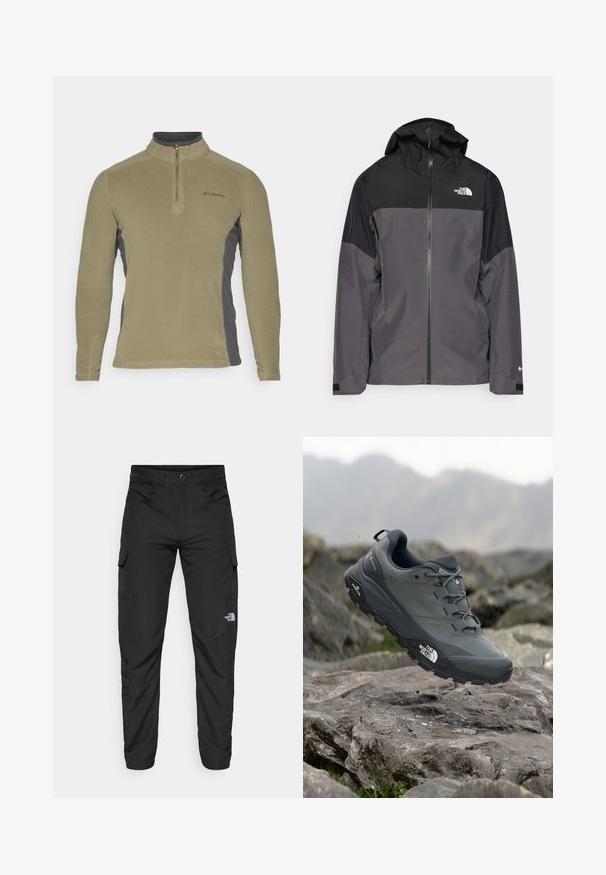 Casaco impermeável cinza com uma seção superior preta, fecho éclair à frente, capuz ajustável e punhos elásticos. Apresenta um logo no peito e na manga.; Pullover de fleece em verde oliva com painéis laterais cinza escuro, gola alta e fecho de zip na frente. Apresenta um pequeno logótipo no peito.; The North Face HORIZON PANT - Calças para exterior - black; Sapatilha de corrida em trilhos cinza com um cabedal texturizado, sola de borracha durável e ponteira reforçada. Apresenta atacadores e o logótipo da marca de lado.