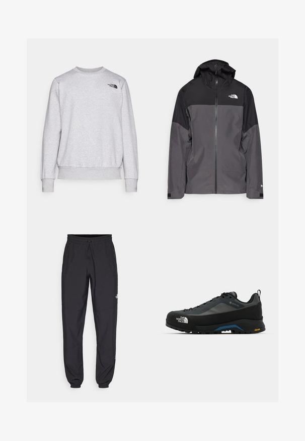 Szürke vízálló dzseki fekete felső résszel, cipzáros elülső rész, állítható kapucni és rugalmas mandzsetta. A mellkason és az ujjon logóval ellátva.; Szürke pulóver puha anyagból, hosszú ujjakkal, kerek nyakkal, bordázott mandzsettákkal, és egy kis fekete logóval a mellkason.; Fekete sportnadrág, könnyű anyagból készült, húzózsinóros derékkal, oldalsó zsebekkel és szűkített szárakkal a bokáknál.; The North Face VERTO ALPINE GORE TEX - Túracipők - asphalt grey/tnf black