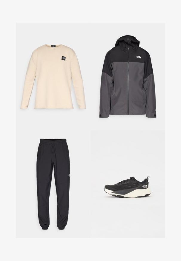 Gray waterproof jacket with a black upper section, zippered front, adjustable hood, and elastic cuffs. Features logo on chest and sleeve.; Beige long-sleeve knit sweater with round neck and small black logo patch on the left chest.; Black athletic pants made from lightweight fabric, featuring a drawstring waistband, side pockets, and tapered cuffs at the ankles.; Black athletic shoe with textured mesh upper, solid black accents, and white lightweight outsole. Features lace-up closure and pull tab.