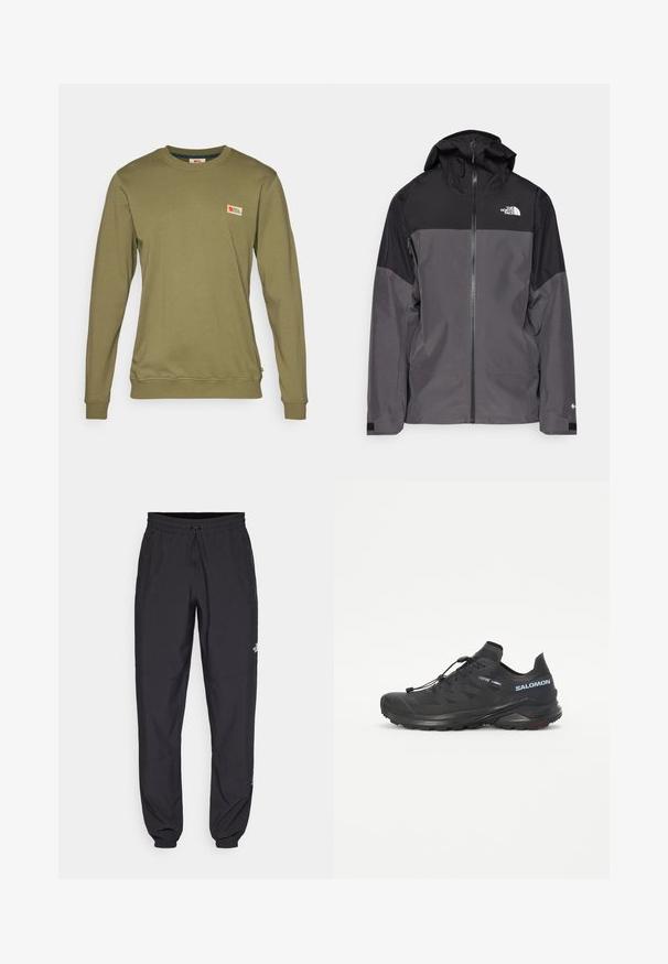 Šedá nepremokavá bunda s čiernou hornou časťou, so zipsom vpredu, nastaviteľnou kapucňou a elastickými manžetami. Obsahuje logo na hrudi a rukáve.; Olivovozelená dlhá mikina s dlhým rukávom vyrobená z mäkkej bavlny, s malou nášivkou na hrudi a rebrovanými manžetami a lemom.; Čierne športové nohavice vyrobené z ľahkej tkaniny, s elastickým pásom na šnurovanie, bočnými vreckami a zúženými manžetami na členkoch.; Čierna trailová bežecká obuv s textúrovaným vrškom, elastickými šnúrkami a podrážkou Contagrip. Obsahuje tesný strih a ochrannú špicu.