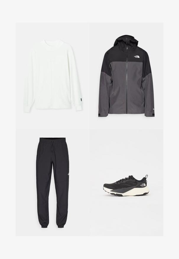 Šedá nepremokavá bunda s čiernou hornou časťou, so zipsom vpredu, nastaviteľnou kapucňou a elastickými manžetami. Obsahuje logo na hrudi a rukáve.; Biely pulóver s dlhými rukávmi a okrúhlym výstrihom, s rebrovanými manžetami a stredným švom, ktorý prebieha vertikálne po prednej strane. Mäkká tkanina.; Čierne športové nohavice vyrobené z ľahkej tkaniny, s elastickým pásom na šnurovanie, bočnými vreckami a zúženými manžetami na členkoch.; Čierna atletická obuv s textúrovaným sieťovinovým vrchom, pevným čiernym akcentom a bielou ľahkou podrážkou. Obsahuje šnurovací systém a pútko.
