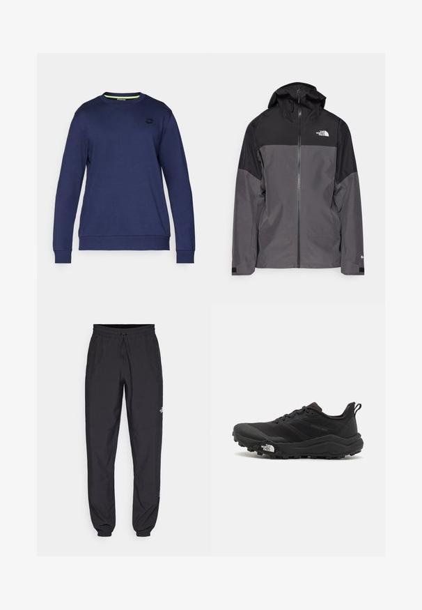 Siva vodoodbojna jakna z črnim zgornjim delom, zadrgo spredaj, nastavljivo kapuco in elastičnimi manšetami. Ima logotip na prsih in rokavih.; Mornarsko modra kapuca iz mehkega materiala, z okroglo ovratnikom, dolgimi rokavi, rebrastimi manšetami in diskretnim logotipom na prsih.; Črne atletske hlače iz lahkega materiala, ki imajo elastični pas z vezalko, stranske žepe in zožene manšete na gležnjih.; Črne tekaške čevlje za trail s teksturirano zgornjega dela, gumijastim podplatom in ojačanim zaključkom prstov. Vključuje oblazinjen ovratnik in zanko za enostavno obuvanje.