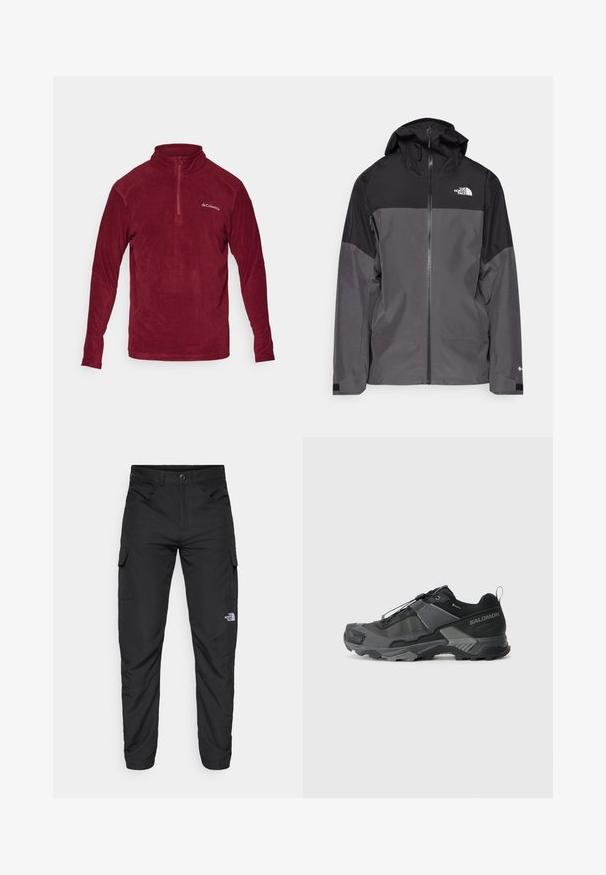 Šedá nepremokavá bunda s čiernou hornou časťou, so zipsom vpredu, nastaviteľnou kapucňou a elastickými manžetami. Obsahuje logo na hrudi a rukáve.; Bordový fleecový pulóver s vysokým golierom, polovičným zipsom, dlhými rukávmi a logom na ľavej hrudi. Mäkka textúra, neformálny dizajn.; The North Face HORIZON PANT - Outdoorové nohavice - black; Čierna trailová bežecká obuv s odolným sieťovým vrchom, zosilneným špičkou, štruktúrovanou gumovou podrážkou a elastickým šnurovacím systémom pre bezpečné uchytenie.