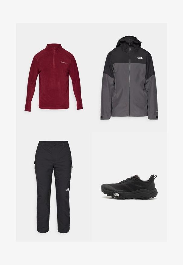 Grau wasserfeste Jacke mit schwarzem oberen Abschnitt, Reißverschluss vorne, verstellbarer Kapuze und elastischen Bündchen. Mit Logo auf der Brust und dem Ärmel.; Bordeauxfarbener Fleece-Pullover mit hohem Kragen, halbem Reißverschluss, langen Ärmeln und einem Logo auf der linken Brust. Weicher Stoff, lässiges Design.; The North Face WINTER EXPLORATION TAPERED CARGO - Outdoor-Hose - black; Schwarzer Trailrunning-Schuh mit strukturiertem Obermaterial, Gummisohle und verstärkter Zehenkappe. Verfügt über einen gepolsterten Kragen und eine Ziehlasche für einfaches Anziehen.