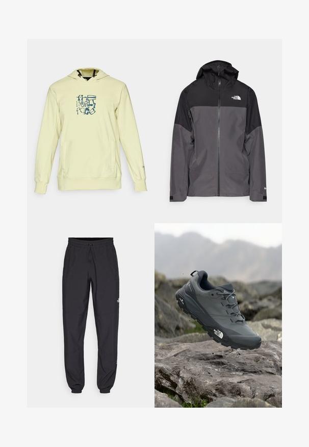Šedá nepromokavá bunda s černou horní částí, zipem vpředu, nastavitelnou kapucí a elastickými manžetami. Na hrudi a rukávu je logo.; Světle žlutá mikina s kapucí a přední kapsou, s modrým grafickým logem. Vyrobena z měkkého materiálu, s šňůrkou na kapuci a žebrovanými manžetami.; Černé sportovní kalhoty vyrobené z lehké tkaniny, s páskem na šňůrku, bočními kapsami a zúženými manžetami na kotnících.; Šedá trailová běžecká bota s texturovaným svrškem, odolnou gumovou podrážkou a vyztuženou špičkou. Obsahuje tkaničky a logo značky na straně.