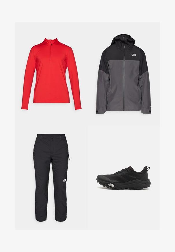 Pelēks ūdensnecaurlaidīgs mētelis ar melnu augšējo daļu, ar rāvējslēdzēja priekšpusi, regulējamu kapuci un elastīgām aprocēm. Iekļauj logotipu uz krūtīm un piedurknēm.; Sarkans sporta topiņš ar garām piedurknēm un ceturtdaļas rāvējslēdzēju, izgatavots no viegla materiāla, ar augstu apkakli un plakanajiem šuvēm komfortam.; The North Face WINTER EXPLORATION TAPERED CARGO - Āra bikses - black; Melnas taku skriešanas kurpes ar teksturētu virsu, gumijas zoli un pastiprinātu pirkstu daļu. Aprīkotas ar mīkstu apkakli un vilkšanas cilpu, lai viegli uzvilktu.