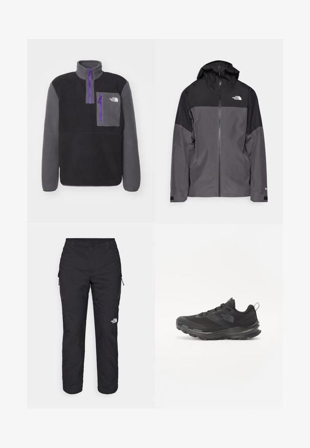 Szürke vízálló dzseki fekete felső résszel, cipzáros elülső rész, állítható kapucni és rugalmas mandzsetta. A mellkason és az ujjon logóval ellátva.; The North Face YUMIORI 1/4 ZIP - Polárpulóver - black/anthracite grey; The North Face WINTER EXPLORATION TAPERED CARGO - Szabadtéri nadrágok - black; Fekete sportcipő hálós felsőrésszel, gumitalppal és párnázott gallérral. Fűzős, oldalán logóval és textúrázott dizájnnal rendelkezik.