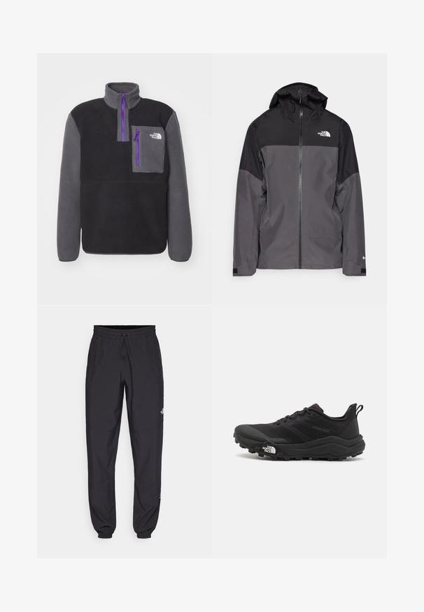 Siva vodoodbojna jakna z črnim zgornjim delom, zadrgo spredaj, nastavljivo kapuco in elastičnimi manšetami. Ima logotip na prsih in rokavih.; The North Face YUMIORI 1/4 ZIP - Pulover iz flisa - black/anthracite grey; Črne atletske hlače iz lahkega materiala, ki imajo elastični pas z vezalko, stranske žepe in zožene manšete na gležnjih.; Črne tekaške čevlje za trail s teksturirano zgornjega dela, gumijastim podplatom in ojačanim zaključkom prstov. Vključuje oblazinjen ovratnik in zanko za enostavno obuvanje.