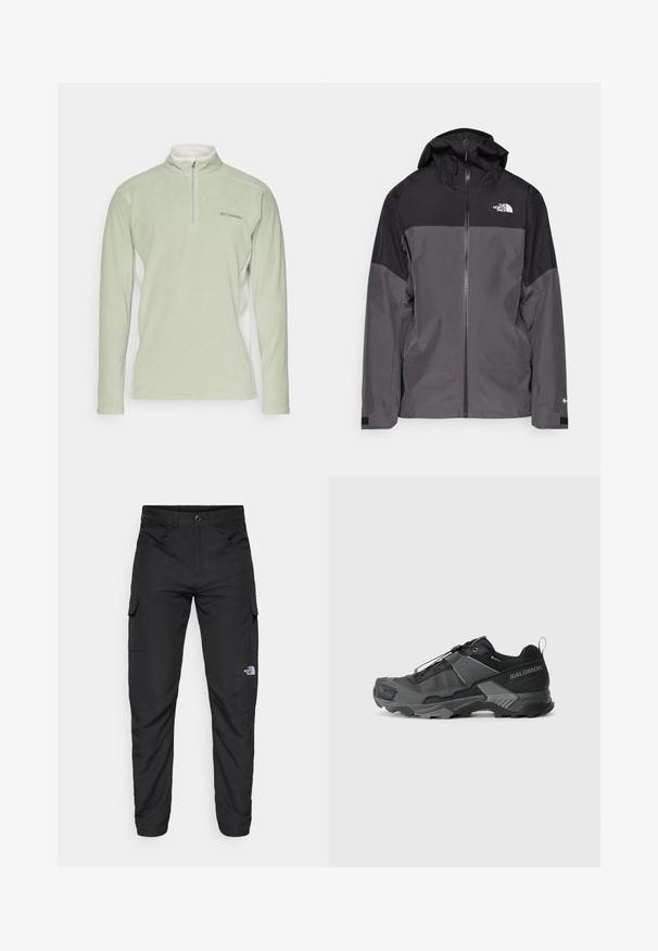 Casaco impermeável cinza com uma seção superior preta, fecho éclair à frente, capuz ajustável e punhos elásticos. Apresenta um logo no peito e na manga.; Pullover de fleece verde claro com colarinho alto e meio zip. Apresenta painéis laterais brancos e um pequeno logo no peito. Textura suave.; The North Face HORIZON PANT - Calças para exterior - black; Sapato de trail running preto com parte superior de malha durável, biqueira reforçada, sola de borracha texturizada e sistema de amarração elástico para um ajuste seguro.
