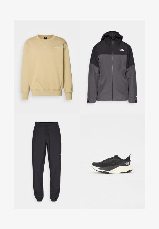 Giacca impermeabile grigia con sezione superiore nera, zip frontale, cappuccio regolabile e polsini elasticizzati. Presenta il logo sul petto e sulla manica.; The North Face RELAXED ESSENTIAL - Felpa - khaki stone; Pantaloni sportivi neri realizzati in tessuto leggero, con vita regolabile con cordino, tasche laterali e orli affusolati alle caviglie.; Scarpa da allenamento nera con tomaia in mesh testurizzato, dettagli neri solidi e suola leggera bianca. Presenta chiusura con lacci e un tab di pull.