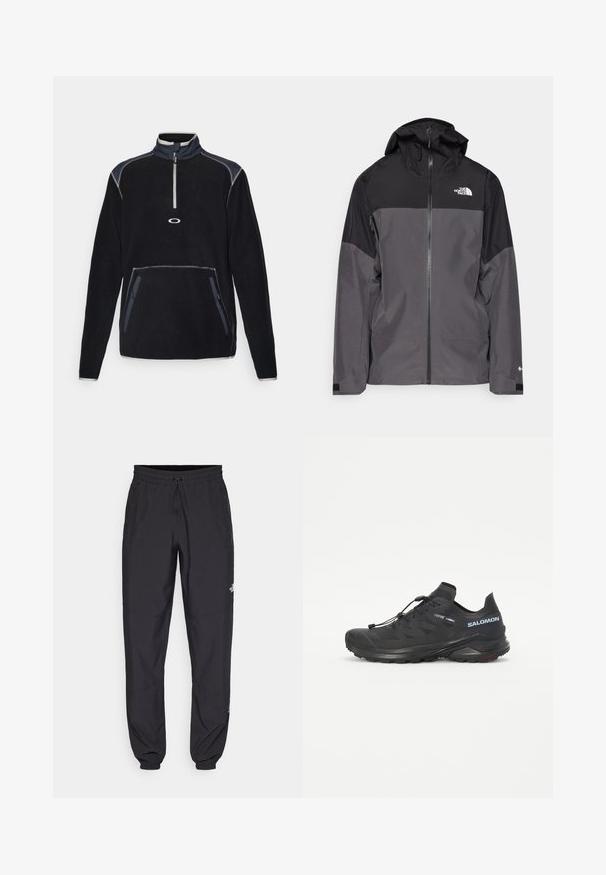 Šedá nepromokavá bunda s černou horní částí, zipem vpředu, nastavitelnou kapucí a elastickými manžetami. Na hrudi a rukávu je logo.; Fleecový pulovr v černé barvě s vysokým límcem, předním zapínáním na půl zip, dvěma postranními kapsami a kontrastním prošíváním v šedých a námořnických akcenty.; Černé sportovní kalhoty vyrobené z lehké tkaniny, s páskem na šňůrku, bočními kapsami a zúženými manžetami na kotnících.; Černé trailové běžecké boty s texturovaným svrškem, elastickými šňůrkami a podrážkou Contagrip. Mají pevné padnutí a ochrannou špičku.