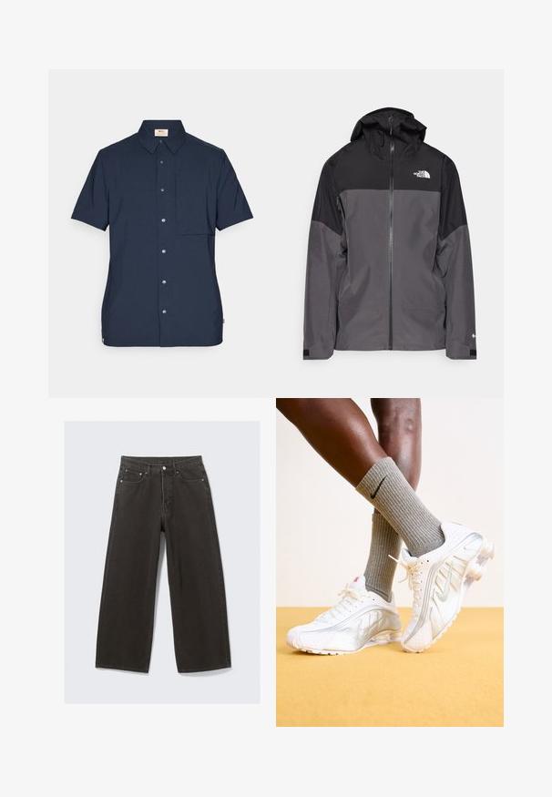 Szürke vízálló dzseki fekete felső résszel, cipzáros elülső rész, állítható kapucni és rugalmas mandzsetta. A mellkason és az ujjon logóval ellátva.; Tengernyakkendős, rövid ujjú ing sötétkék színben, szőtt anyagból készült, elülső zsebbel, gombos záródással és klasszikus gallér kialakítással.; A széles lábú fekete farmernadrág magas derékkal, öt zsebes dizájnnal és gombos záródással rendelkezik. Az anyag puha, textúrált felületű.; Fehér Nike sportcipők ezüst díszítésekkel, textúrázott panelek és perforációk jellemzik őket. Szürke bordás zoknikkal viselve, sárga háttér előtt.