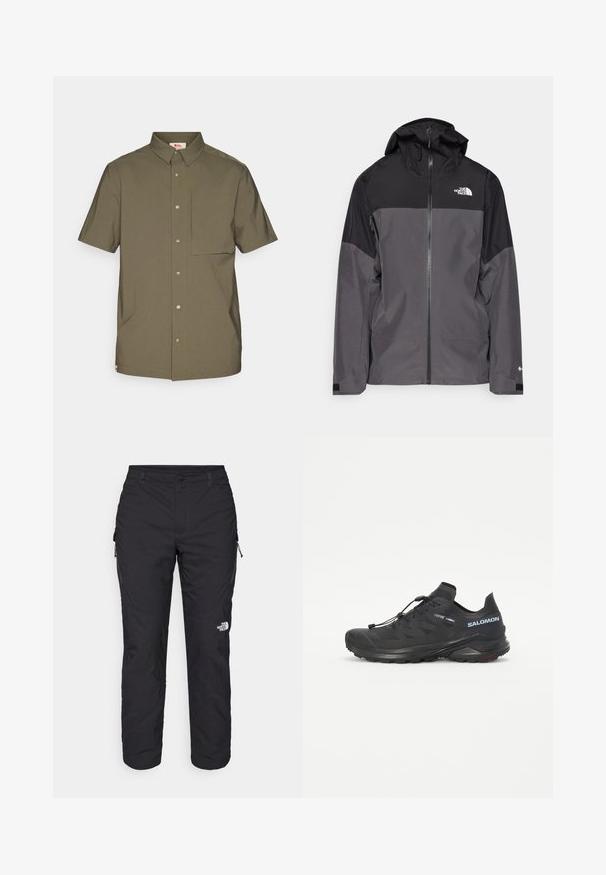 Šedá nepromokavá bunda s černou horní částí, zipem vpředu, nastavitelnou kapucí a elastickými manžetami. Na hrudi a rukávu je logo.; Košile krátkého rukávu olivově zelené barvy z hladkého materiálu, s límečkem na knoflíky, předními knoflíky a kapsou na hrudi.; The North Face WINTER EXPLORATION TAPERED CARGO - Outdoorové kalhoty - black; Černé trailové běžecké boty s texturovaným svrškem, elastickými šňůrkami a podrážkou Contagrip. Mají pevné padnutí a ochrannou špičku.