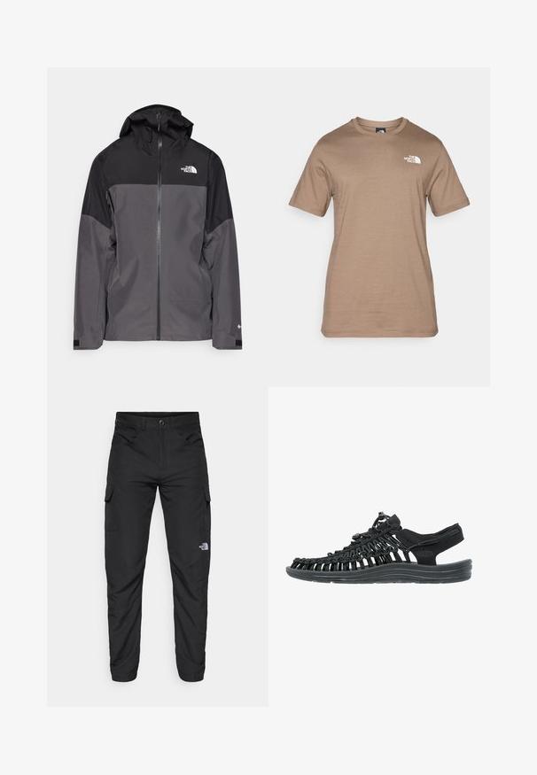 Grå vandtæt jakke med en sort overdel, lynlås foran, justerbar hætte og elastiske manchetter. Har logo på brystet og ærmet.; Kortærmet t-shirt i lysebrunt bomuld med et lille hvidt logo på brystet. Klassisk rund hals, glat tekstur og standard pasform.; The North Face HORIZON PANT - Outdoorbukser - black; Sort sandal med vævet tekstiloverdel, justerbar snørelukning, polstret sål og formet fodseng for komfort.