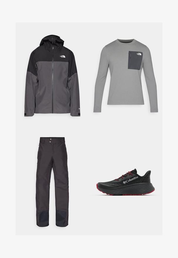 Šedá nepremokavá bunda s čiernou hornou časťou, so zipsom vpredu, nastaviteľnou kapucňou a elastickými manžetami. Obsahuje logo na hrudi a rukáve.; Dlhý rukáv šedá košeľa s textúrovanou tkaninou, s tmavošedou náprsní kapsou a zipsom. Logo na kapse v bielej farbe.; Patagonia INSULATED POWDER TOWN PANTS - Nohavice na snowboard - black; Čierna športová obuv s textúrovaným zvrškom, červenými šnúrkami a logom. Hrubá podrážka s vzorovaným dezénom pre trakciu. Minimalistický dizajn, bočný pohľad.