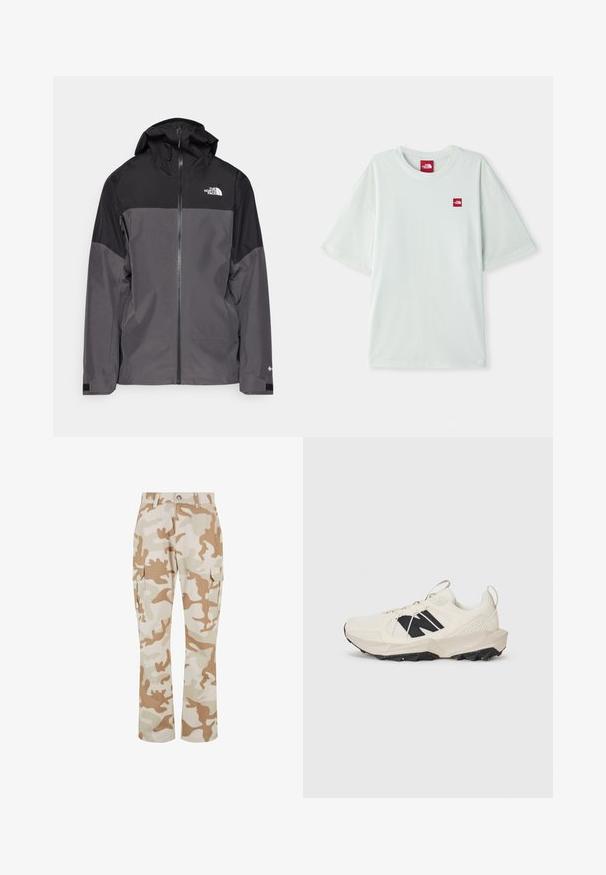 Šedá nepromokavá bunda s černou horní částí, zipem vpředu, nastavitelnou kapucí a elastickými manžetami. Na hrudi a rukávu je logo.; Svetle zelené tričko s krátkým rukávem vyrobené z měkké bavlny, s malou červenou nášivkou umístěnou na levé části hrudi. Volný střih a kulatý výstřih.; Beige maskáčové cargo kalhoty se bočními kapsami, vyrobené z tkaniny s hladkým povrchem, s rovnými nohavicemi a zapínáním na knoflík.; Svetle béžové tenisky s mřížkovou svrchní částí, černým logem a texturovanou podešví. S důrazem na geometrický vzor na mezipodešvi.