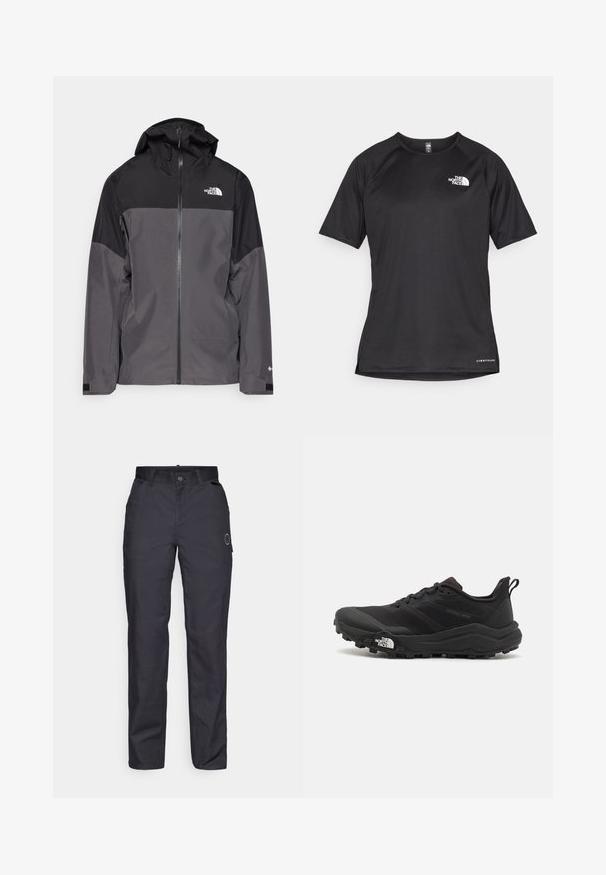Szara wodoodporna kurtka z czarną górną częścią, zapinana na zamek, z regulowanym kapturem i elastycznymi mankietami. Posiada logo na klatce piersiowej i rękawie.; Czarna, krótkosleeve'owa koszulka sportowa z teksturowanej tkaniny, z białym logo na lewej piersi i prostym dołem.; Czarne spodnie wykonane z trwałego materiału, cechujące się prostym krojem, kieszeniami z przodu i zapięciem na guzik. Dyskretne logo z boku.; Czarne buty do biegania w terenie z teksturowaną cholewką, gumową podeszwą i wzmocnionym noskiem. Posiadają wyściełany kołnierz oraz uchwyt do łatwego zakładania.