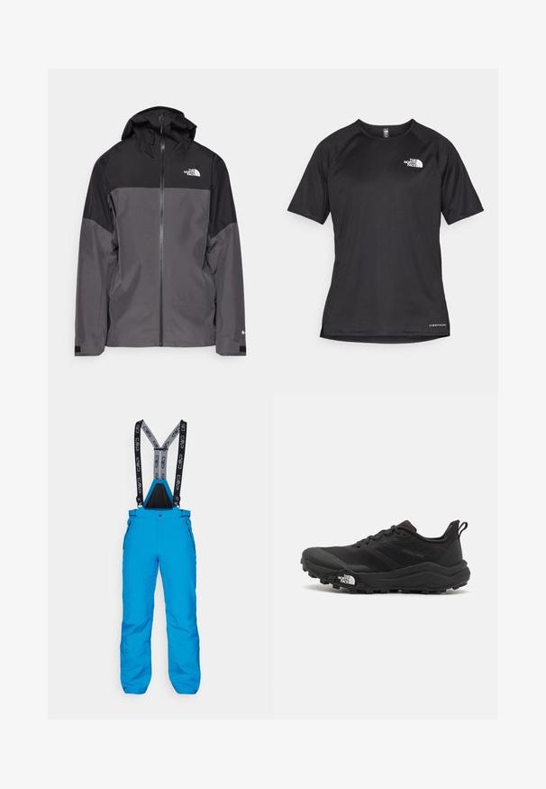 Grijze waterdichte jas met een zwart bovenstuk, een rits aan de voorkant, een verstelbare capuchon en elastische manchetten. Bevat logo op de borst en de mouw.; Zwarte sportshirt met korte mouwen van textuurstof, met een wit logo op de linkerborst en een rechte zoom.; Blauwe skibroek met verstelbare zwarte en grijze bretels, ritszakken aan de zijkant en een duurzame, waterdichte stof.; Zwarte trailrunning schoen met een gestructureerde bovenkant, rubberen zool en versterkte neus. Voorzien van een gevoerde kraag en een trekhaak voor eenvoudig aan- en uittrekken.