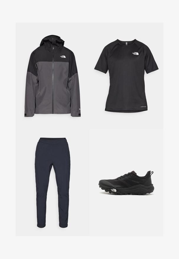 Šedá nepromokavá bunda s černou horní částí, zipem vpředu, nastavitelnou kapucí a elastickými manžetami. Na hrudi a rukávu je logo.; Černé sportovní tričko s krátkým rukávem a strukturovanou tkaninou, se bílým logem na levé hrudi a rovým lemem.; Tmavě námořnické lehké kalhoty s hladkou strukturou, elastickým pasem a manžetami na spodním okraji. Mají jemné švy a štíhlý design.; Černé trailové běžecké boty s texturovaným svrškem, gumovou podrážkou a vyztuženou špičkou. Obsahují polstrovaný límec a poutko pro snadné obouvání.