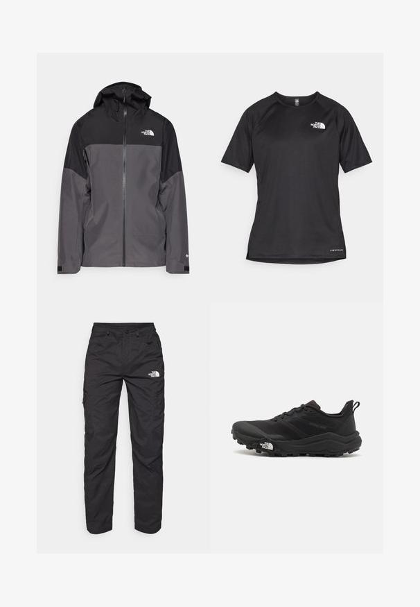 Pelēks ūdensnecaurlaidīgs mētelis ar melnu augšējo daļu, ar rāvējslēdzēja priekšpusi, regulējamu kapuci un elastīgām aprocēm. Iekļauj logotipu uz krūtīm un piedurknēm.; Melna sporta krekla īsām piedurknēm ar strukturētu audumu, kas ir ar baltu logotipu kreisajā krūtīs un taisnu apakšmalu.; Melni cargo bikses, kas izgatavotas no viegla auduma. Iekļauj kabatas ar rāvējslēdzējiem sānos un logotipu kreisajā augšstilbā. Taisnas kājas dizains.; Melnas taku skriešanas kurpes ar teksturētu virsu, gumijas zoli un pastiprinātu pirkstu daļu. Aprīkotas ar mīkstu apkakli un vilkšanas cilpu, lai viegli uzvilktu.