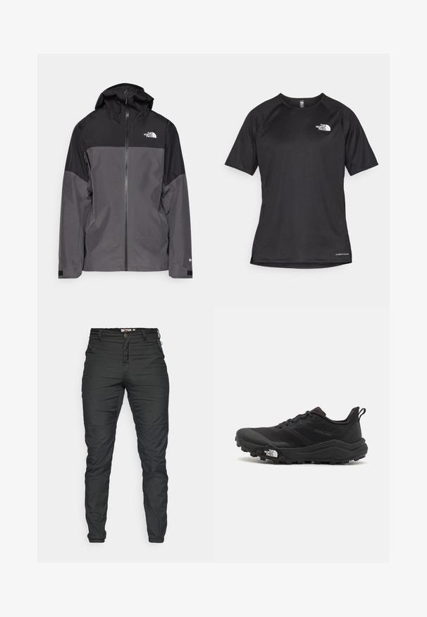 Siva vodoodbojna jakna z črnim zgornjim delom, zadrgo spredaj, nastavljivo kapuco in elastičnimi manšetami. Ima logotip na prsih in rokavih.; Črna kratko rokavna športna majica iz teksturirane tkanine, z belim logotipom na levem prsnem delu in ravnim robom.; Črne, zožene hlače iz trpežne tkanine. Imajo sprednji zadrgo, okvirčke za pas in stranske žepe z zadrgami. Gladka tekstura.; Črne tekaške čevlje za trail s teksturirano zgornjega dela, gumijastim podplatom in ojačanim zaključkom prstov. Vključuje oblazinjen ovratnik in zanko za enostavno obuvanje.