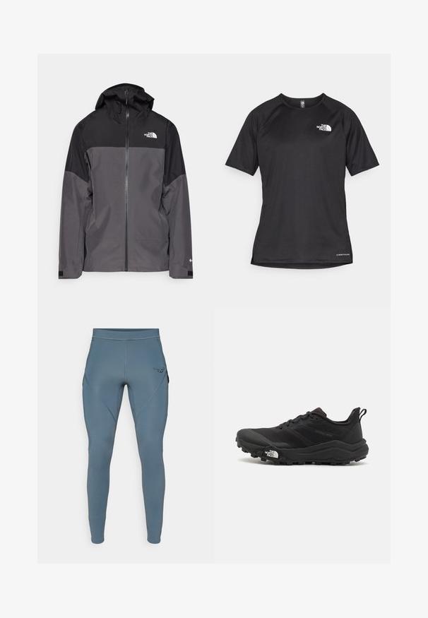 Šedá nepremokavá bunda s čiernou hornou časťou, so zipsom vpredu, nastaviteľnou kapucňou a elastickými manžetami. Obsahuje logo na hrudi a rukáve.; Čierne športové tričko s krátkym rukávom z texturovanej látky, s bielym logom na ľavej hrudi a rovným lemom.; Modré športové legíny s hladkým povrchom, obsahujúce bočné vrecká a kontrastné čierne logo na boku. Úzky strih.; Čierne trailové behacie topánky s štruktúrovaným zvrškom, gumovou podrážkou a vystuženou špičkou. Obsahuje polstrovaný golier a úchyt na jednoduché obúvanie.