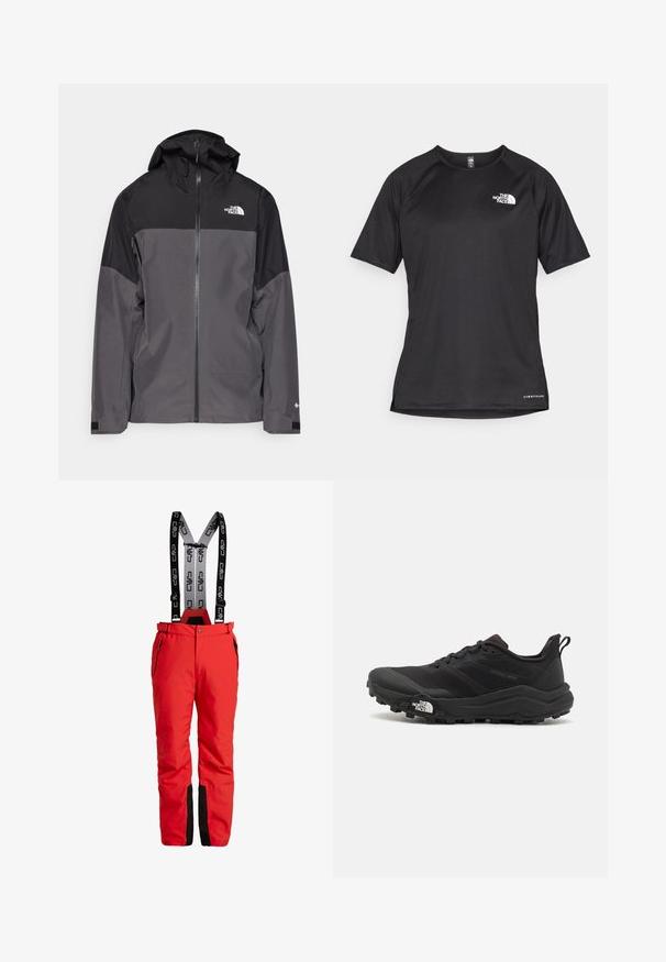 Hallide hall matroos jope, millel on must ülemine osa, lukuga esiosa, reguleeritav kapuuts ja elastsed varrukad. Selles on rinnal ja varrukal logo.; Must mustreening, lühikeste varrukatega sportpoliis, millel on tekstuuriga kangas, valge logo vasakul rinnal ja sirge äär.; Punased suusapüksid mustade reguleeritavate trukkidega, millel on märk. Sisaldab lukuga taskuid ja musti aktsente allääres. Veekindel materjal.; Must tume jooksujalats musta värvi, tekstuurse ülemise osaga, kummist tallaga ja tugevdatud varbaga. Omab pehmendusega krae ja tõmblinti mugavaks selga panemiseks.