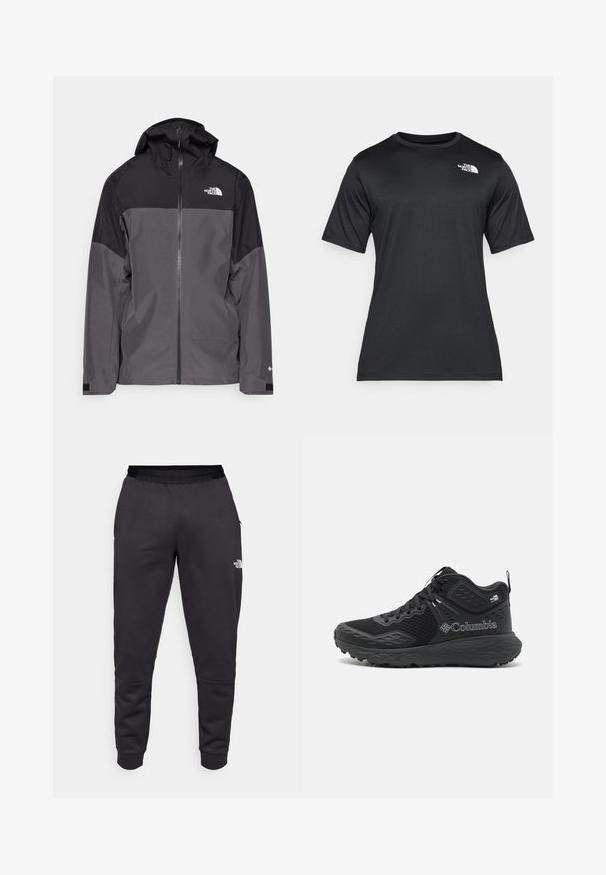 Casaco impermeável cinza com uma seção superior preta, fecho éclair à frente, capuz ajustável e punhos elásticos. Apresenta um logo no peito e na manga.; Camiseta preta de manga curta feita de um tecido leve e que absorve a umidade. Apresenta um logo branco no lado esquerdo do peito e um decote redondo.; Calças de moletão pretas feitas de tecido liso, apresentando um design ajustado, cintura elástica e detalhe do logo na perna direita.; Botas de caminhada pretas com um upper em malha, detalhes texturizados, uma sola almofadada e um logotipo em destaque. Apresenta um sistema de atacadores seguro e uma alça de puxar.