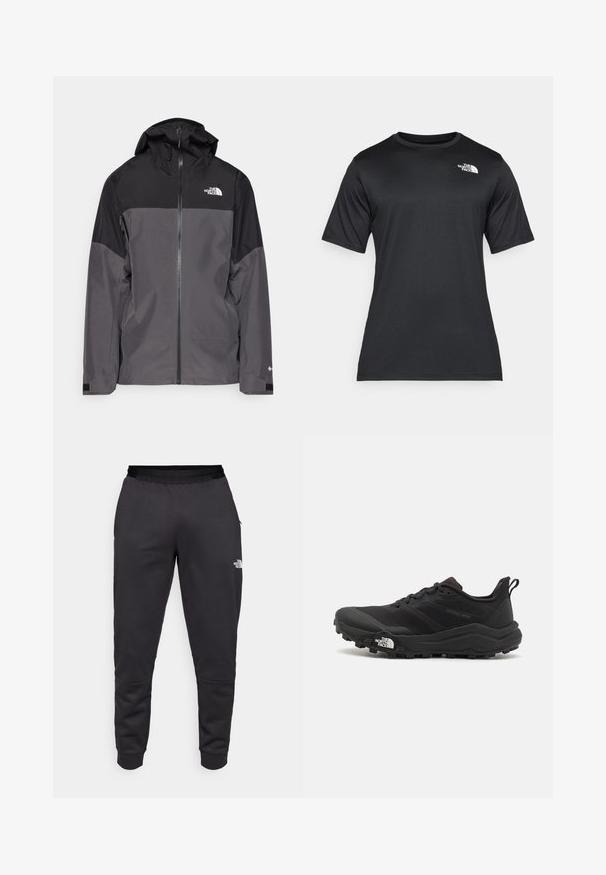 Grau wasserfeste Jacke mit schwarzem oberen Abschnitt, Reißverschluss vorne, verstellbarer Kapuze und elastischen Bündchen. Mit Logo auf der Brust und dem Ärmel.; Schwarzes Kurzarm-T-Shirt aus leichtem, feuchtigkeitsableitendem Material. Mit einem weißen Logo auf der linken Brust und einem Rundhalsauschnitt.; Schwarze Jogginghose aus glattem Stoff, mit schmal zulaufendem Design, elastischem Bund und Logo-Detail am rechten Bein.; Schwarzer Trailrunning-Schuh mit strukturiertem Obermaterial, Gummisohle und verstärkter Zehenkappe. Verfügt über einen gepolsterten Kragen und eine Ziehlasche für einfaches Anziehen.