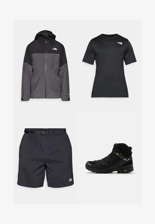 Szürke vízálló dzseki fekete felső résszel, cipzáros elülső rész, állítható kapucni és rugalmas mandzsetta. A mellkason és az ujjon logóval ellátva.; Fekete, rövid ujjú póló, könnyű, nedvességelvezető anyagból készült. Bal oldalon fehér logóval rendelkezik, és kerek nyakú.; Fekete, könnyű anyagú, laza szabású shorts, állítható övvel, oldalsó zsebekkel, és a North Face logójával a jobb alsó lábszáron.; Fekete túracipő, amely texturált felsőrésszel, megerősített orral és Vibram talppal rendelkezik. A fűzőrendszer kampókat tartalmaz a biztonságos illeszkedés érdekében.
