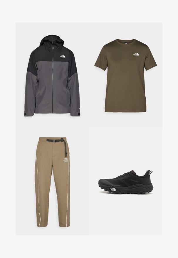 Casaco impermeável cinza com uma seção superior preta, fecho éclair à frente, capuz ajustável e punhos elásticos. Apresenta um logo no peito e na manga.; T-shirt de algodão verde oliva com mangas curtas, gola redonda e um logótipo branco no lado esquerdo do peito. Textura de tecido suave, ajuste regular.; Calças caqui com um ajuste descontraído, apresentando um cinto ajustável preto, riscas laterais brancas e um logótipo na parte da frente. O tecido parece leve e texturizado.; Sapatilha de trail running preta com um upper texturizado, sola de borracha e biqueira reforçada. Possui um colarinho acolchoado e uma alça para facilitar o calçar.