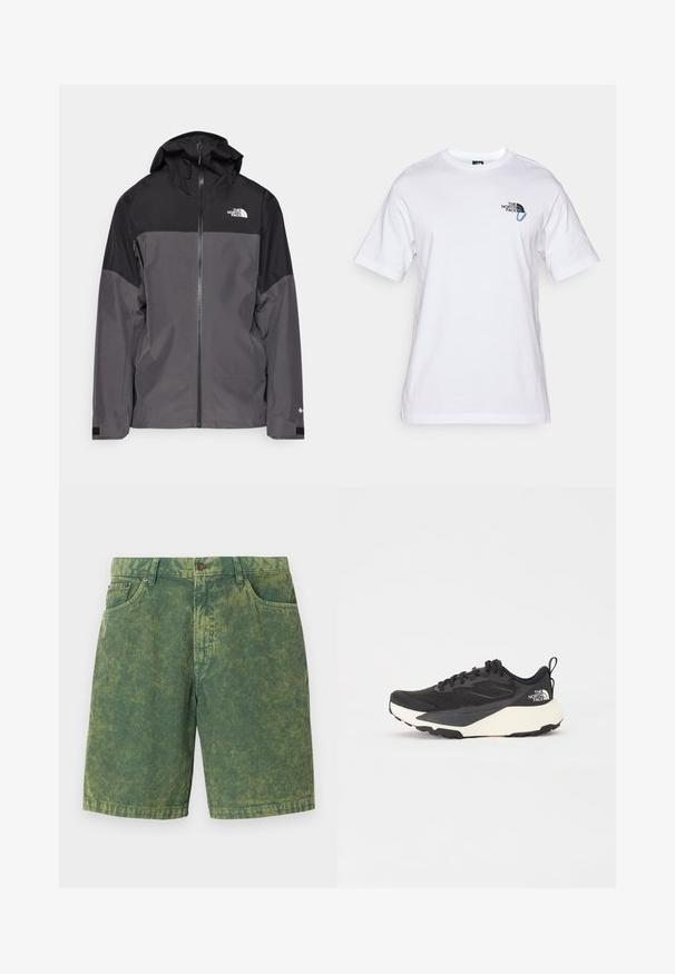 Grau wasserfeste Jacke mit schwarzem oberen Abschnitt, Reißverschluss vorne, verstellbarer Kapuze und elastischen Bündchen. Mit Logo auf der Brust und dem Ärmel.; The North Face EXPLORE CARABINER RELAXED TEE UNISEX - T-Shirt print - white; Grüne Cordshorts mit einem strukturierten Rippmuster, fünf Taschen und Knopfverschluss. Dezente hellere Akzente im gesamten Design.; Schwarzer Sportschuh mit strukturiertem Mesh-Obermaterial, komplett schwarzen Akzenten und leichter weißer Laufsohle. Verfügt über eine Schnürung und eine Zuglasche.