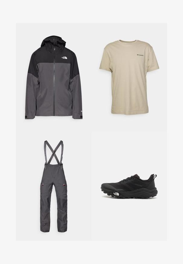 Pilkas vandeniui atsparus švarkas su juodu viršutiniu įdėklu, užtrauktuku priekyje, reguliuojamu gaubtu ir elastingomis rankovėmis. Yra logotipas ant krūtinės ir rankovės.; Bežinė medvilninė marškinė su trumpomis rankovėmis, apvalia iškirpte ir mažu juodu logotipu kairėje krūtinės pusėje. Lygus paviršius, kasdieniškas dizainas.; Pilkos izoliuotos kombinezonai su reguliuojamomis petnešomis, daugybe kišenių ir sustiprintais keliais, pasižymintys lygiu, tvirtu audinio paviršiumi.; Juoda bėgimo batai su tekstūruotu paviršiumi, guma padais ir sustiprinta pirštų dalimi. Yra paminkštinta apykaklė ir kilpos, leidžiančios lengvai užsidėti.