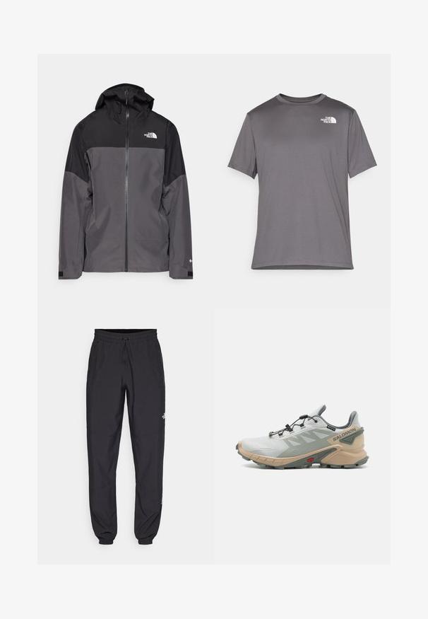 Γκρίζα αδιάβροχη ζακέτα με μαύρο πάνω τμήμα, με φερμουάρ μπροστά, ρυθμιζόμενη κουκούλα και ελαστικούς καρπούς. Περιλαμβάνει λογότυπο στο στήθος και στο μανίκι.; Γκρι κοντομάνικο αθλητικό μπλουζάκι φτιαγμένο από λεία, ελαφριά ύφασμα. Διαθέτει άσπρο λογότυπο στην αριστερή περιοχή του στήθους. Στρογγυλή σχεδίαση στο λαιμό.; Μαύρη αθλητική παντελόνι κατασκευασμένο από ελαφρύ ύφασμα, με ζώνη που ρυθμίζεται με κορδόνι, πλευρικές τσέπες και στενές μανσέτες στους αστραγάλους.; Salomon SUPERCROSS 4 GTX - Παπούτσια για τρέξιμο σε μονοπάτια - metal/white pepper/sedona sage