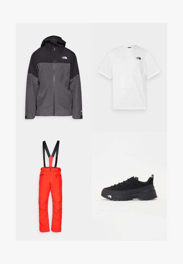 Šedá nepromokavá bunda s černou horní částí, zipem vpředu, nastavitelnou kapucí a elastickými manžetami. Na hrudi a rukávu je logo.; Bílá bavlněná tričko s krátkými rukávy a kulatým výstřihem. Na levé oblasti hrudi je umístěno malé černé logo.; Salomon EDGE PANT - Lyžařské kalhoty - cherry tomato; Černé venkovní tenisky s horní částí ze semiše, texturovanou gumovou podrážkou a pevným šněrováním. Obsahují zesílenou patu a logo značky na boku.