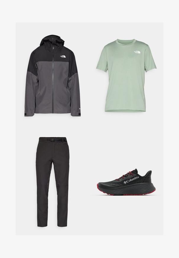 Pilkas vandeniui atsparus švarkas su juodu viršutiniu įdėklu, užtrauktuku priekyje, reguliuojamu gaubtu ir elastingomis rankovėmis. Yra logotipas ant krūtinės ir rankovės.; Šviesiai žalia trumpomis rankovėmis marškinėliai, pagaminti iš minkštos medžiagos; viršutinėje kairėje pusėje yra baltas logotipas; apvalus apykaklės iškirpimas.; Juodi techniniai kelnių su lygiu paviršiumi, siaurėjančiu siluetu, elastinga juosta ir audiniu diržu. Papuošti siūlėmis.; Juodas sportinis batelis su tekstūruota viršutine dalimi, raudonais raišteliais ir logotipu. Storas padas su raštuotu protektoriu traukai. Minimalistinis dizainas, šoninis vaizdas.