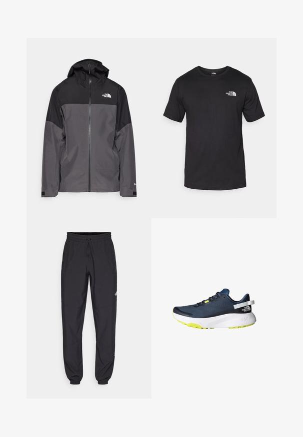Šedá nepromokavá bunda s černou horní částí, zipem vpředu, nastavitelnou kapucí a elastickými manžetami. Na hrudi a rukávu je logo.; Černé tričko s krátkým rukávem vyrobené z bavlny, s kulatým výstřihem a malým bílým logem na horní levé části hrudi.; Černé sportovní kalhoty vyrobené z lehké tkaniny, s páskem na šňůrku, bočními kapsami a zúženými manžetami na kotnících.; Běžecké boty s horní částí z tmavě modré síťoviny, bílou mezipodešví a jasně žlutou podešví. Mají polstrovaný límec a reflexní prvky.