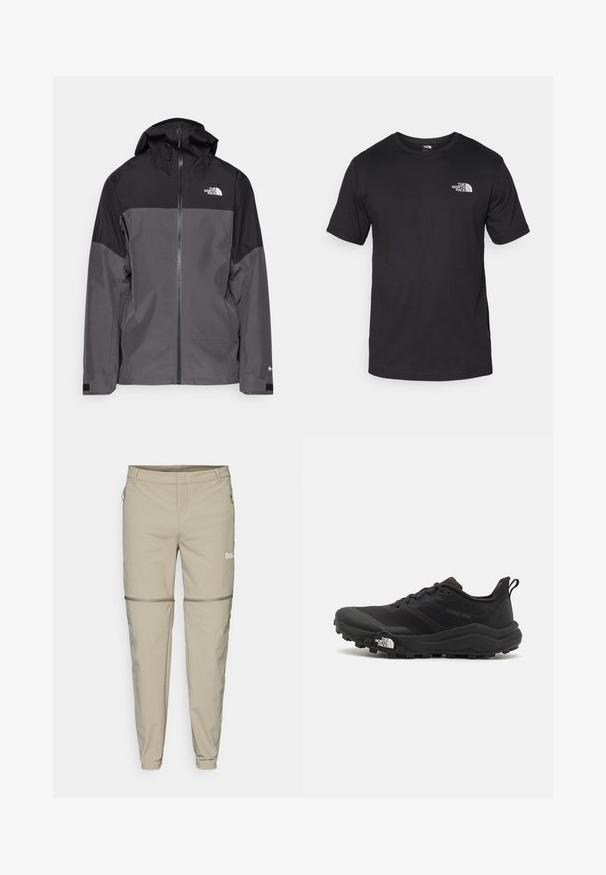 Siva vodootporna jakna s crnim gornjim dijelom, s patentnim zatvaračem sprijeda, podesivim kapuljačom i elastičnim manžetama. Ima logo na prsima i rukavu.; Crna majica kratkih rukava od pamuka, s okruglim izrezom i malim bijelim logotipom na gornjem lijevom dijelu prsnog koša.; Bež hlače za vanjsku upotrebu s mogućnošću otpavljanja, uskog kroja, mekanog tekstura, bočnim patentnim zatvaračima i suptilnim logotipom na lijevom butu.; Crne trail trkačke cipele s teksturiranim gornjim dijelom, gumeni potplat i ojačana zaštita za prste. Imaju podstavljen ovratnik i trakicu za lakše obuvanje.
