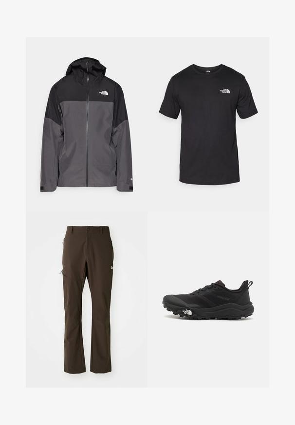 Hallide hall matroos jope, millel on must ülemine osa, lukuga esiosa, reguleeritav kapuuts ja elastsed varrukad. Selles on rinnal ja varrukal logo.; Must have lühikeste varrukatega must T-särk, mis on valmistatud puuvillast, ümmarguse kaelusega ja väikese valge logoga vasakus ülanurgas.; Jack Wolfskin HOLDSTEIG PANTS - Õuepüksid - peat; Must tume jooksujalats musta värvi, tekstuurse ülemise osaga, kummist tallaga ja tugevdatud varbaga. Omab pehmendusega krae ja tõmblinti mugavaks selga panemiseks.