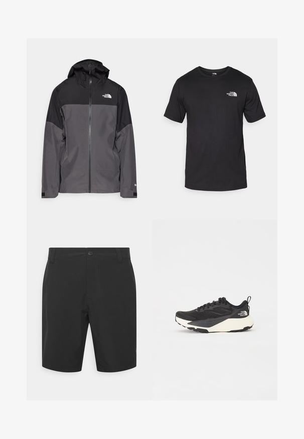 Siva vodoodbojna jakna z črnim zgornjim delom, zadrgo spredaj, nastavljivo kapuco in elastičnimi manšetami. Ima logotip na prsih in rokavih.; Črna kratko sleeved majica iz bombaža, s krožnim izrezom in majhnim belim logotipom na zgornjem levem delu prsnega koša.; Črne kratke hlače iz lahkotnega materiala, z gumbom za zapiranje, ravnim sprednjim delom in stranskimi žepi. Gladka tekstura in dolžina nad koleni.; Črne atletske čevlje z mrežastim zgornjim delom z teksturo, trdnimi črnimi detajli in lahkim belim podplatom. Imajo vezalni sistem in zanko za pomoč pri obuvanju.