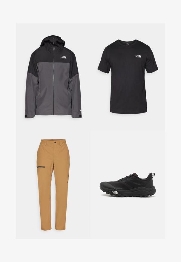 Harmaa vedenpitävä takki, jossa on musta yläosa, vetoketjullinen etuosa, säädettävä huppu ja joustavat hihansuut. Rinnassa ja hihassa on logo.; Mustat lyhythihaiset t-paidat, jotka on valmistettu puuvillasta. paidassa on pyöreä pääntie ja pieni valkoinen logo vasemmassa ylärintataskussa.; Harmaat cargo-housut kevyestä materiaalista suoran lahkeen kanssa, jossa on musta vetoketjullinen tasku reidellä ja nappikiinnitys.; Musta maastojuoksukengät, joissa on teksturoitu päällinen, kumipohja ja vahvistettu varvastoppia. Varusteena pehmustettu nilkkakappale ja vetotappi helppoa pukemista varten.