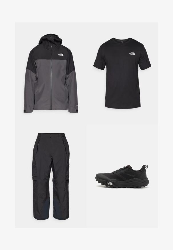 Giacca impermeabile grigia con sezione superiore nera, zip frontale, cappuccio regolabile e polsini elasticizzati. Presenta il logo sul petto e sulla manica.; T-shirt nera a maniche corte in cotone, con scollatura rotonda e un piccolo logo bianco nell'area superiore sinistra del petto.; Oakley TNP EVOKE RC SHELL PANT - Pantaloni da snowboard - blackout; Scarpa da trail running nera con tomaia texture, suola in gomma e punta rinforzata. Presenta un collare imbottito e un tassello per un indossamento facile.