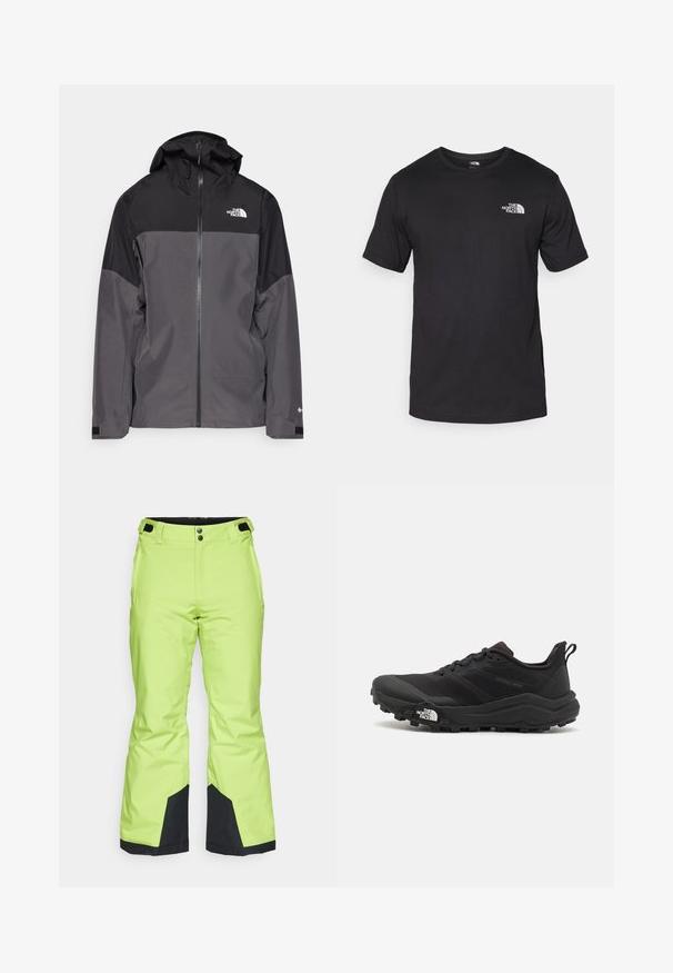 Pelēks ūdensnecaurlaidīgs mētelis ar melnu augšējo daļu, ar rāvējslēdzēja priekšpusi, regulējamu kapuci un elastīgām aprocēm. Iekļauj logotipu uz krūtīm un piedurknēm.; Melna īsām piedurknēm T-krekls, kas izgatavots no kokvilnas, ar apaļu dekoltē un nelielu baltu logotipu augšējā kreisajā krūtīs.; Spilgti limonzaļi slēpošanas bikses ar gludu tekstūru, kurām ir melnas akcenti pie piedurknēm un pogu aizdare jostasvieta.; Melnas taku skriešanas kurpes ar teksturētu virsu, gumijas zoli un pastiprinātu pirkstu daļu. Aprīkotas ar mīkstu apkakli un vilkšanas cilpu, lai viegli uzvilktu.