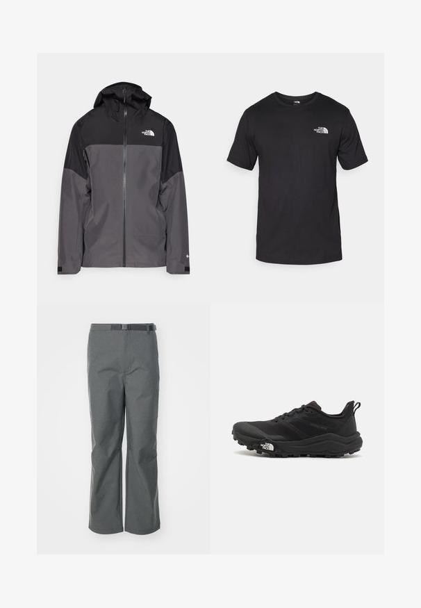 Hallide hall matroos jope, millel on must ülemine osa, lukuga esiosa, reguleeritav kapuuts ja elastsed varrukad. Selles on rinnal ja varrukal logo.; Must have lühikeste varrukatega must T-särk, mis on valmistatud puuvillast, ümmarguse kaelusega ja väikese valge logoga vasakus ülanurgas.; Halli välimised püksid, mis on valmistatud vastupidavast kangast, sirge sääre lõikega, reguleeritava vöödiga ja lisaseamidega, et anda lisastruktuuri.; Must tume jooksujalats musta värvi, tekstuurse ülemise osaga, kummist tallaga ja tugevdatud varbaga. Omab pehmendusega krae ja tõmblinti mugavaks selga panemiseks.