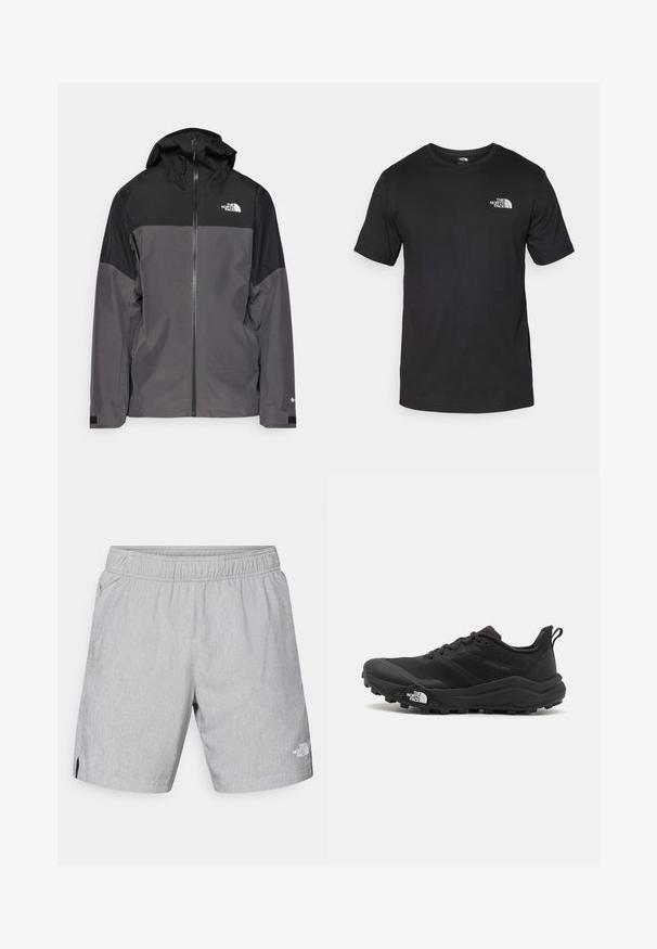 Pilkas vandeniui atsparus švarkas su juodu viršutiniu įdėklu, užtrauktuku priekyje, reguliuojamu gaubtu ir elastingomis rankovėmis. Yra logotipas ant krūtinės ir rankovės.; Juodas trumpas rankovės marškinėliai, pagaminti iš medvilnės, su apvaliu kaklu ir mažu baltu logotipu viršutiniame kairiajame krūtinės kampe.; Šviesiai pilki šortai iš tekstūruotos medžiagos, su elastinga juosmeniu, šoninėmis kišenėmis ir logotipu apatinėje dešinėje kojos dalyje.; Juoda bėgimo batai su tekstūruotu paviršiumi, guma padais ir sustiprinta pirštų dalimi. Yra paminkštinta apykaklė ir kilpos, leidžiančios lengvai užsidėti.