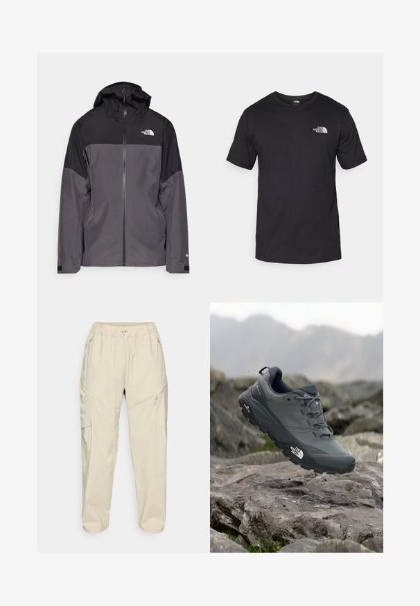 Siva vodoodbojna jakna z črnim zgornjim delom, zadrgo spredaj, nastavljivo kapuco in elastičnimi manšetami. Ima logotip na prsih in rokavih.; Črna kratko sleeved majica iz bombaža, s krožnim izrezom in majhnim belim logotipom na zgornjem levem delu prsnega koša.; Bež hlače za prosti čas iz lahkega materiala z elastičnim pasom, z žepi na straneh z zadrgo in zoženim krojem za sproščen fit.; Sive teka za trail tek, z teksturirano zgornjimi deli, trpežnim gumijastim podplatom in ojačanim kapico za prste. Ima vezi in logotip blagovne znamke na strani.
