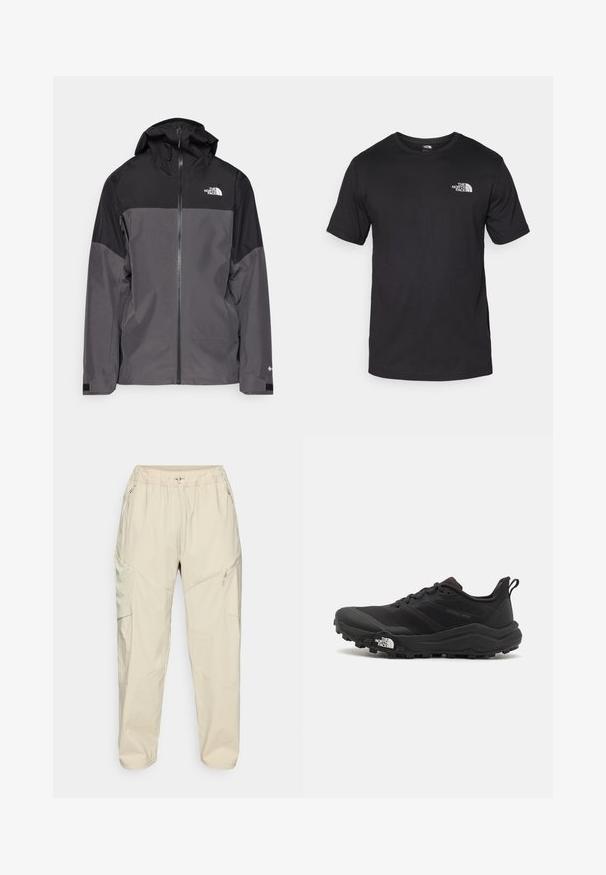 Szara wodoodporna kurtka z czarną górną częścią, zapinana na zamek, z regulowanym kapturem i elastycznymi mankietami. Posiada logo na klatce piersiowej i rękawie.; Czarna koszulka z krótkim rękawem wykonana z bawełny, z okrągłym dekoltem i małym białym logo na górnej lewej części klatki piersiowej.; Beżowe, lekkie spodnie cargo z elastycznym paskiem w talii, zamykanymi na zamek bocznymi kieszeniami i zwężanymi nogawkami, zapewniającymi luźny krój.; Czarne buty do biegania w terenie z teksturowaną cholewką, gumową podeszwą i wzmocnionym noskiem. Posiadają wyściełany kołnierz oraz uchwyt do łatwego zakładania.