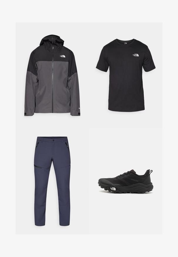Szara wodoodporna kurtka z czarną górną częścią, zapinana na zamek, z regulowanym kapturem i elastycznymi mankietami. Posiada logo na klatce piersiowej i rękawie.; Czarna koszulka z krótkim rękawem wykonana z bawełny, z okrągłym dekoltem i małym białym logo na górnej lewej części klatki piersiowej.; Granatowe spodnie outdoorowe wykonane z lekkiego, elastycznego materiału. Cechami są boczne kieszenie na zamek oraz zwężający się krój nogawek, co zapewnia swobodę ruchów.; Czarne buty do biegania w terenie z teksturowaną cholewką, gumową podeszwą i wzmocnionym noskiem. Posiadają wyściełany kołnierz oraz uchwyt do łatwego zakładania.